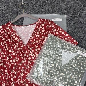 Bundle of 2 NEW Cross Wrap Flared Midi Dress XL Floral Grn/Red VNeck Cottagecore